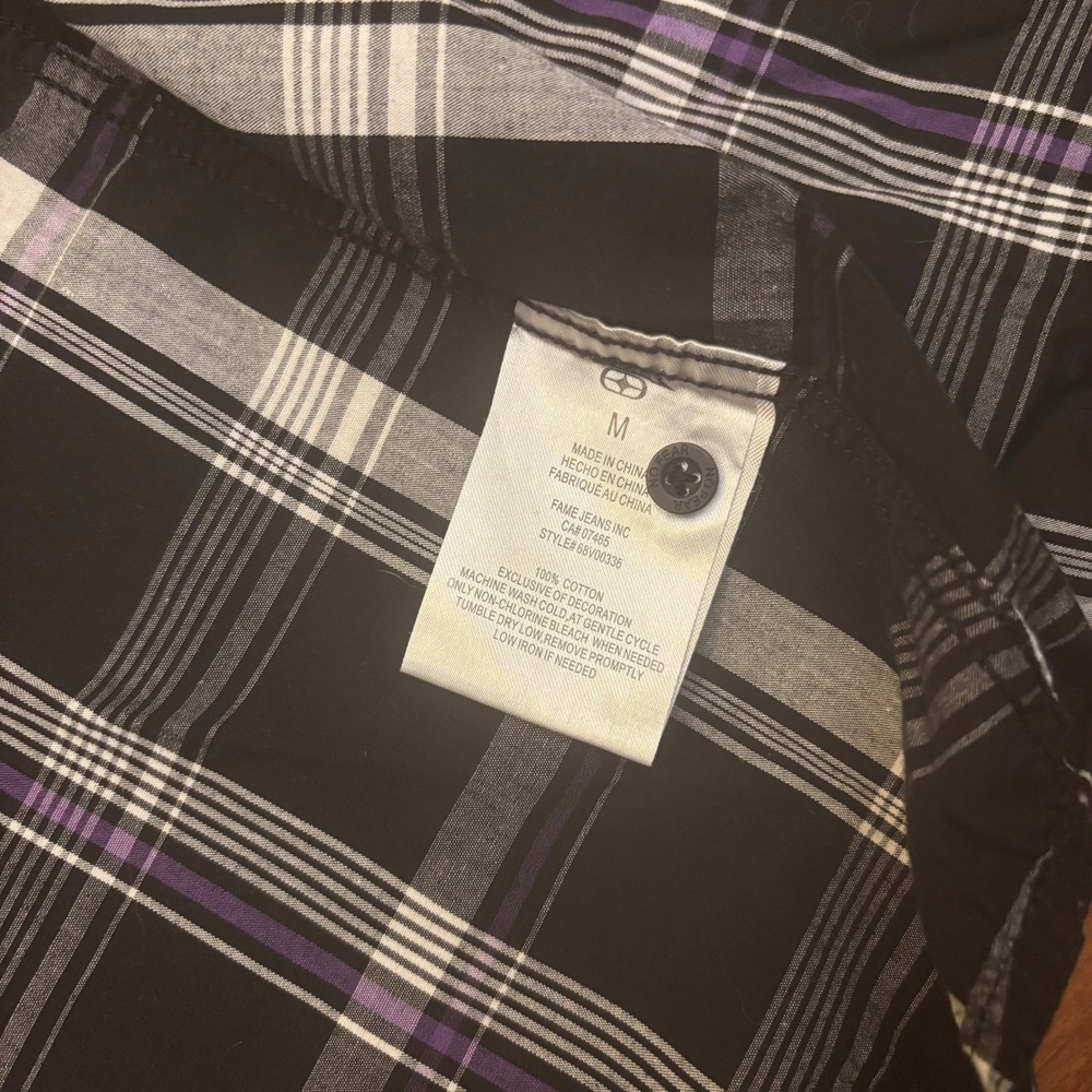 No Fear 90s Men's Medium Plaid Short Sleeve Button Up Shirt - Black Purple White - Picture 7 of 16